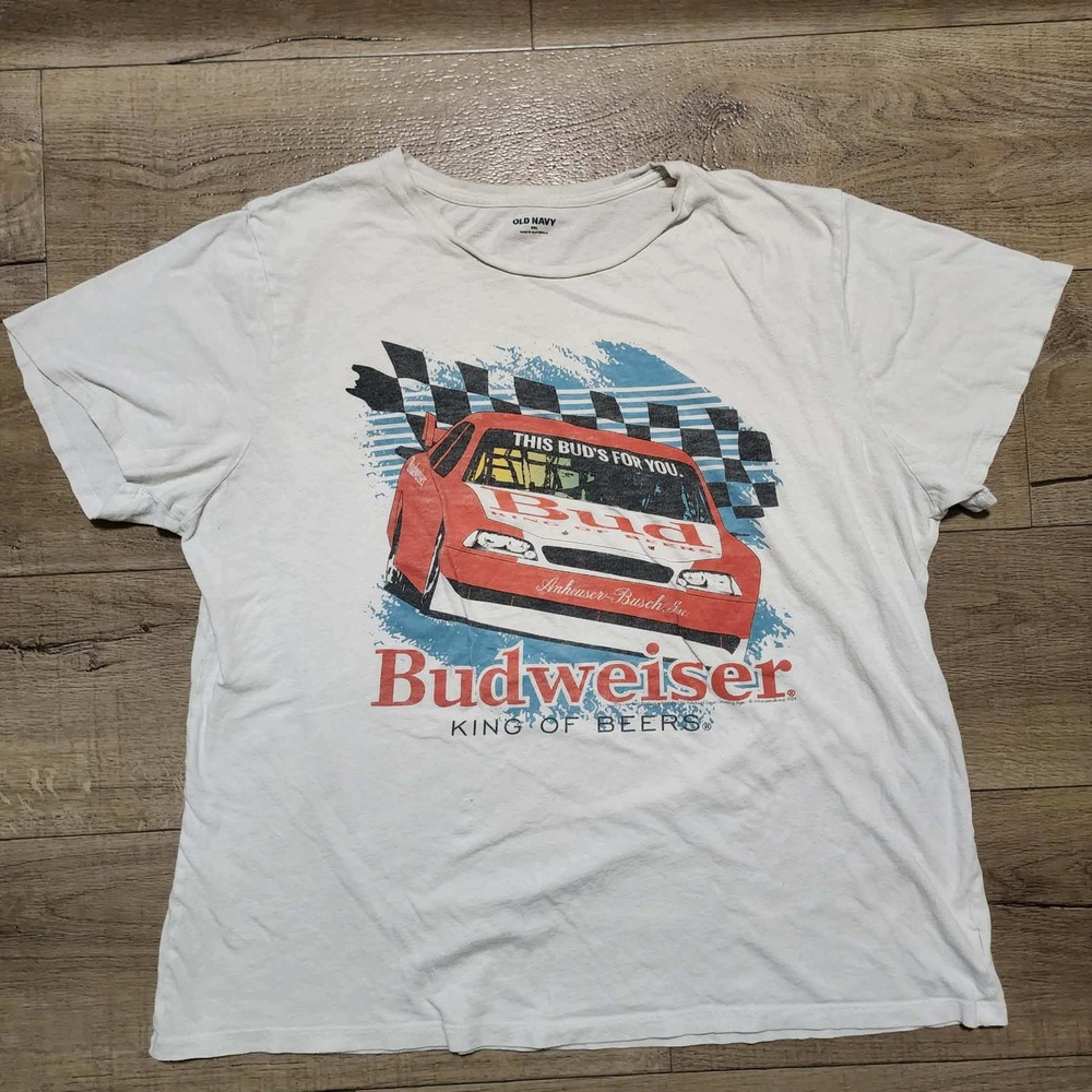 Old Navy Budweiser Racing Graphic T-Shirt Mens XXL White King of Beers Race‎ Car